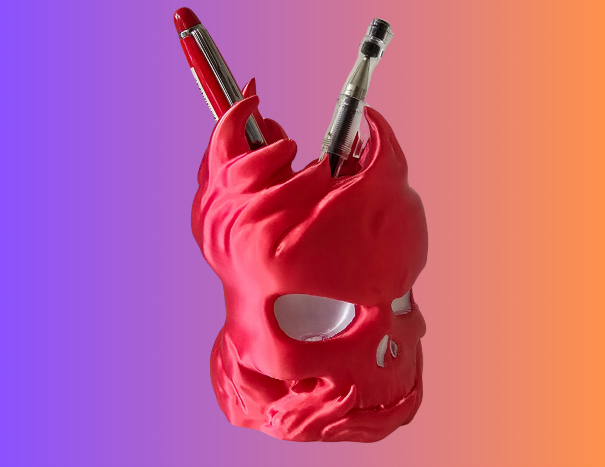 Flaming Skull Pen Holder – 3D Printed Gothic Desk Organiser – Gamer Office Décor