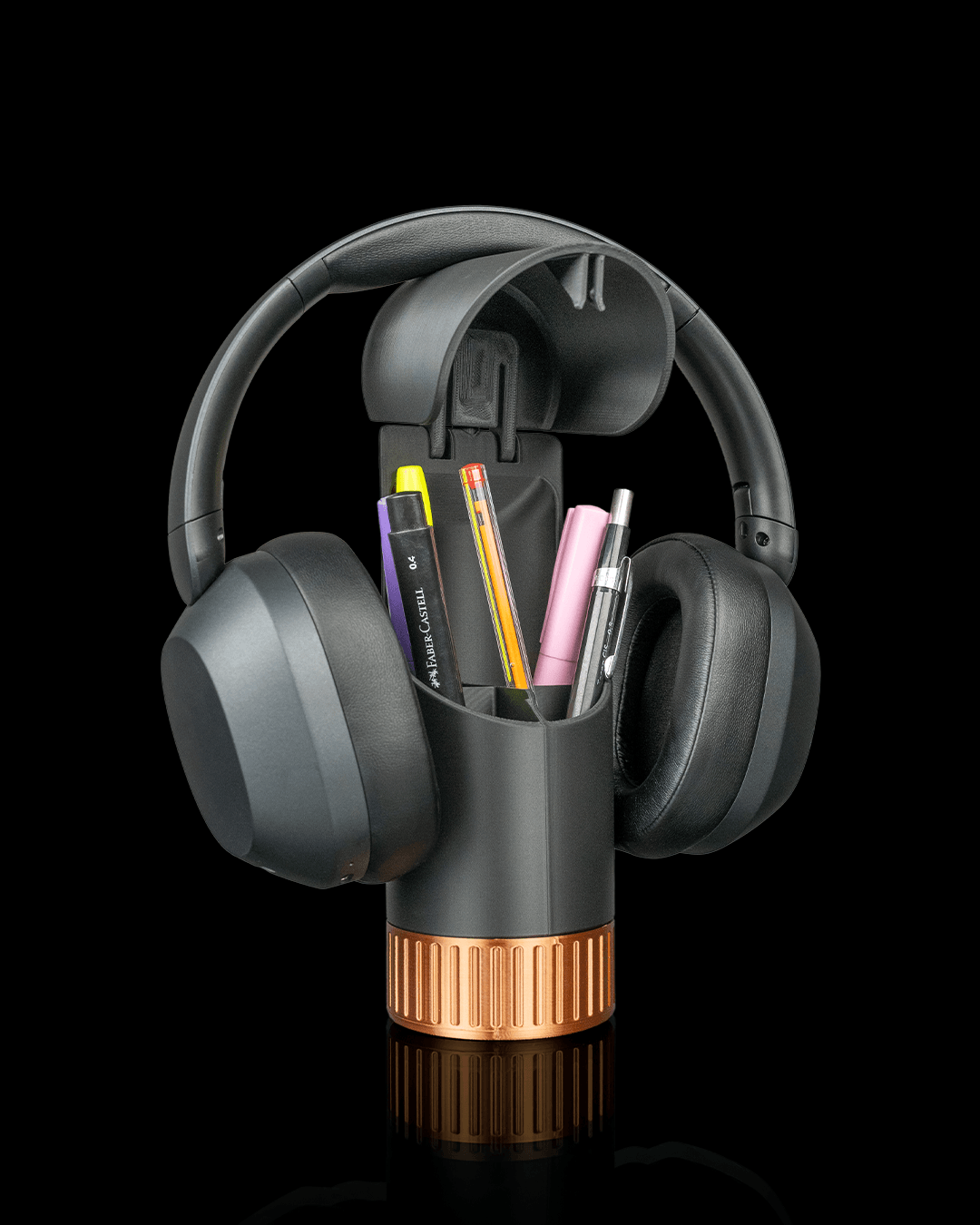 Curve Caddy Headphone Holder – 3D Printed Headset Stand with Pen Holder – Gaming Desk Organiser