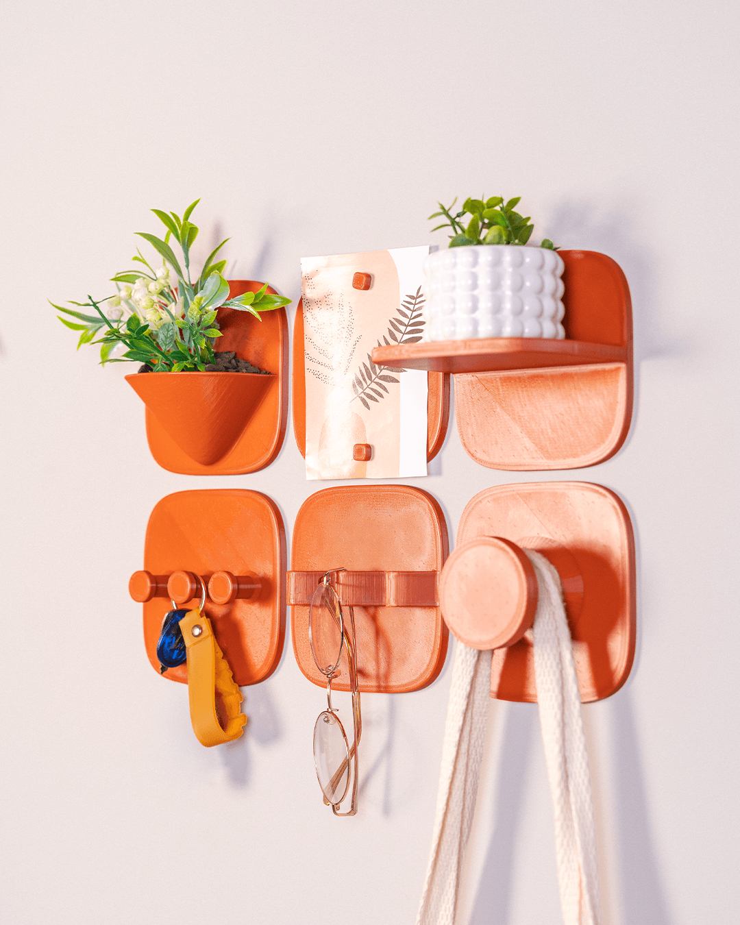 Mod Wall Full Bundle – Modular Wall Organiser Set – 3D Printed Shelf, Key Hooks, Plant Holder and Storage