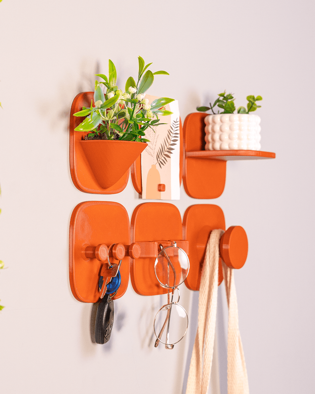 Mod Wall Full Bundle – Modular Wall Organiser Set – 3D Printed Shelf, Key Hooks, Plant Holder and Storage